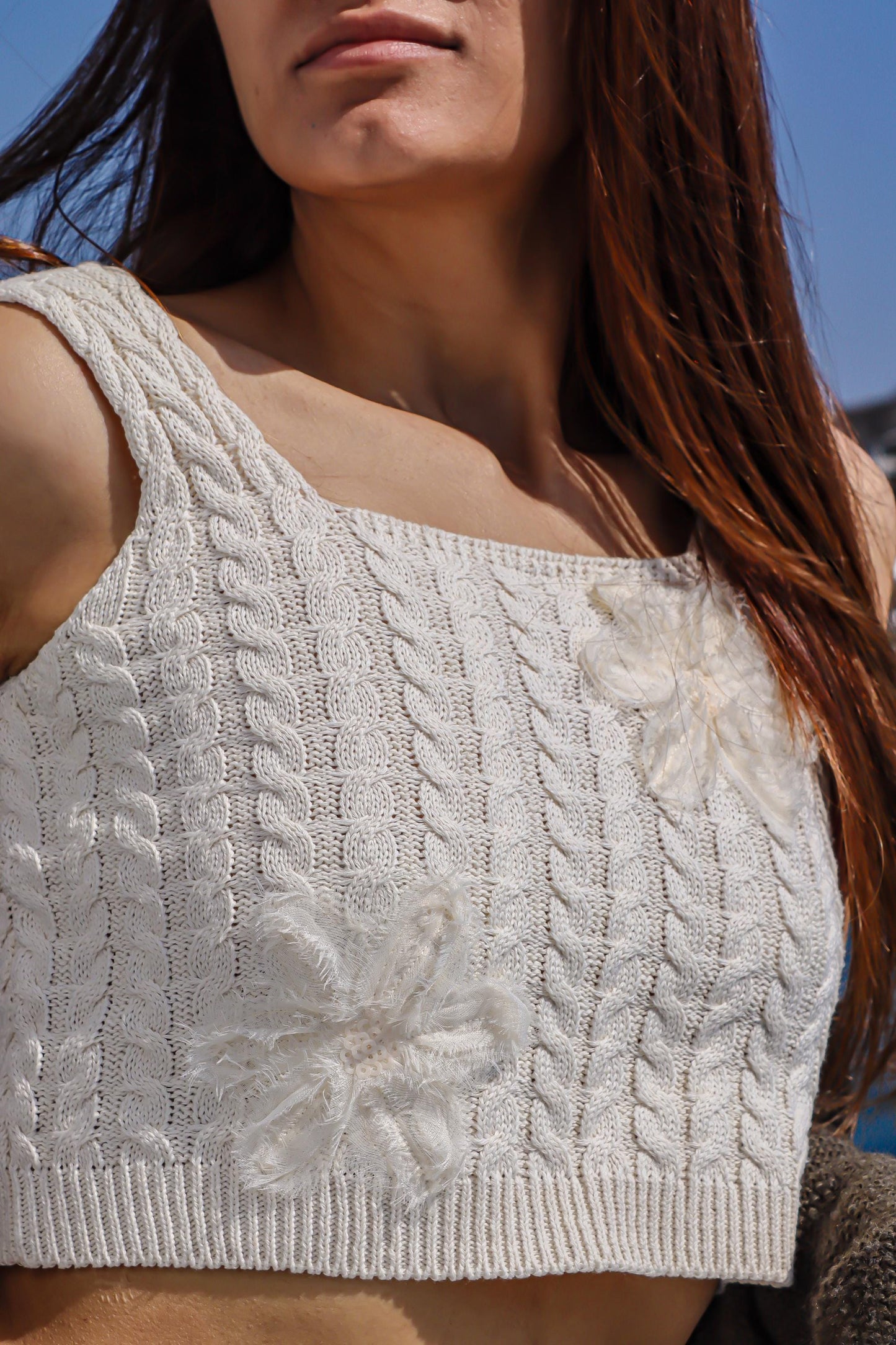 Boho Knit Cream Crop Top with Tulle Flower - Handcrafted Sleeveless Retro Top-Bohemian Festival Clothing Lightweight women Knit Tank