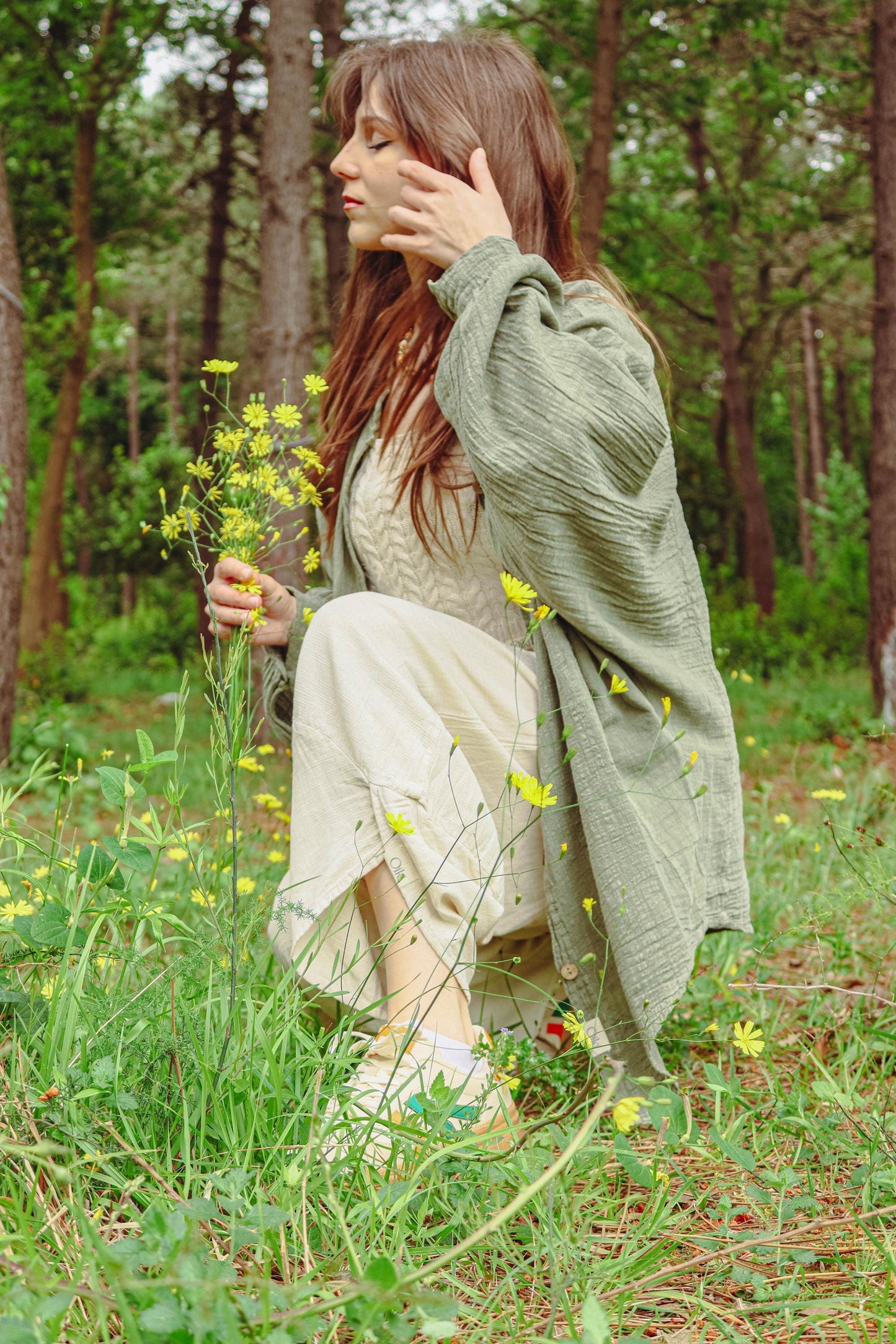 Boho Cotton Green shirt - Oversized Loose Fit Blouse Linen Lightweight Fabric Breathable wide Underarm Top - Unisex Bohemian Shirt - Soft