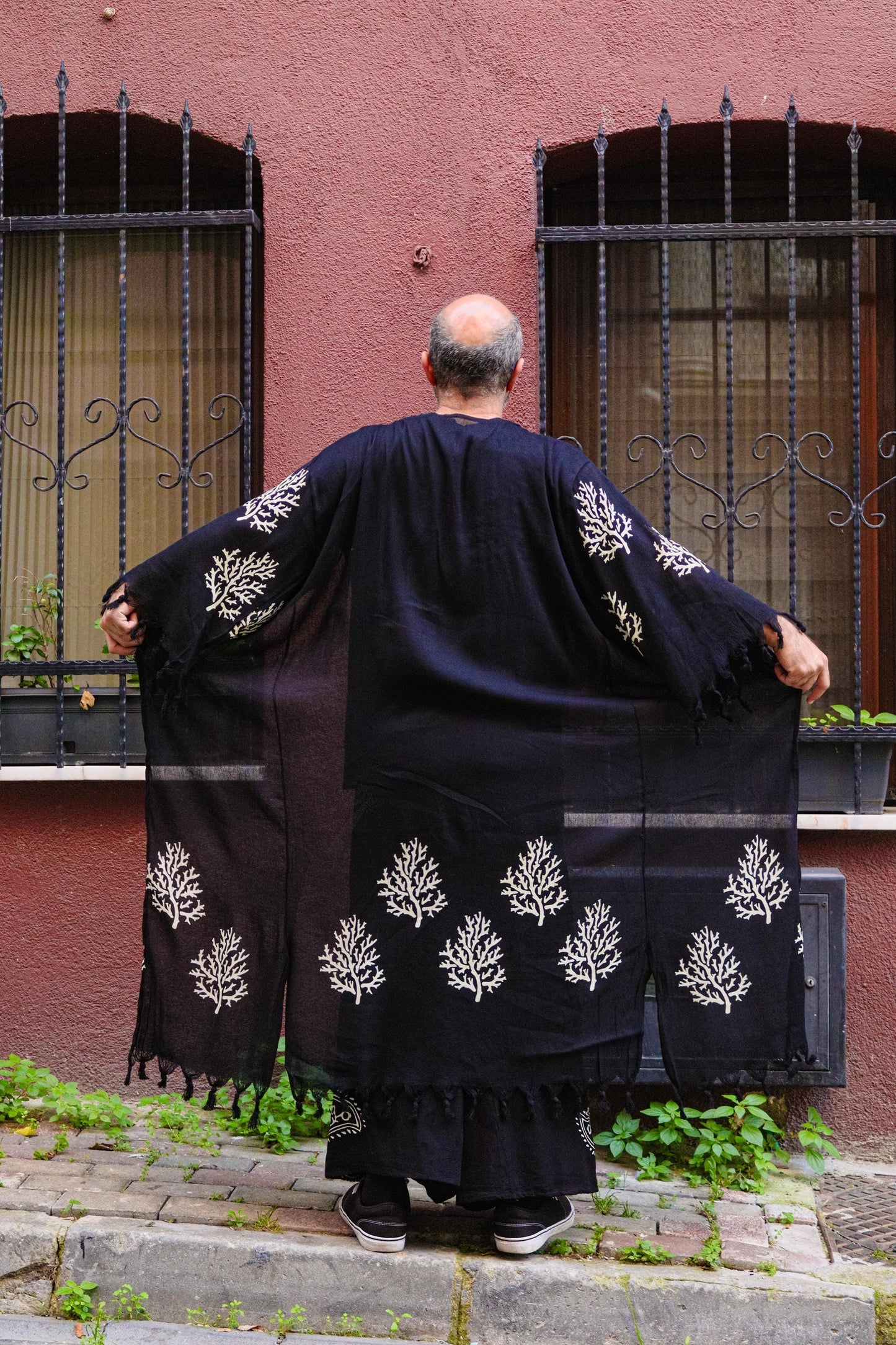 Hand-Printed 100% Linen Kimono Jacket • Unisex Long Open-Front Robe • Artisan Tree Print • Bohemian Layer