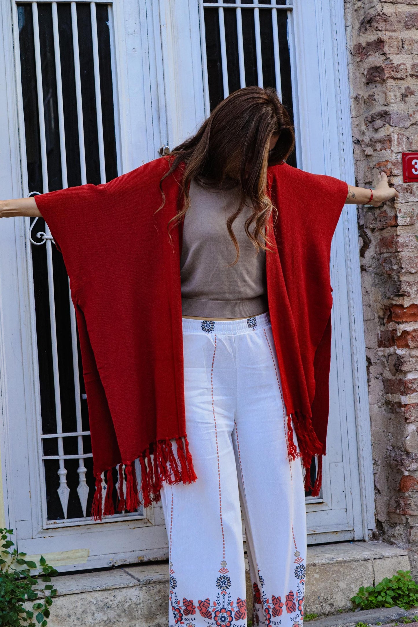 Red Boho Fringe Open-Front Woven Poncho • Lightweight Unisex Kimono Wrap • Festival Layering Shawl