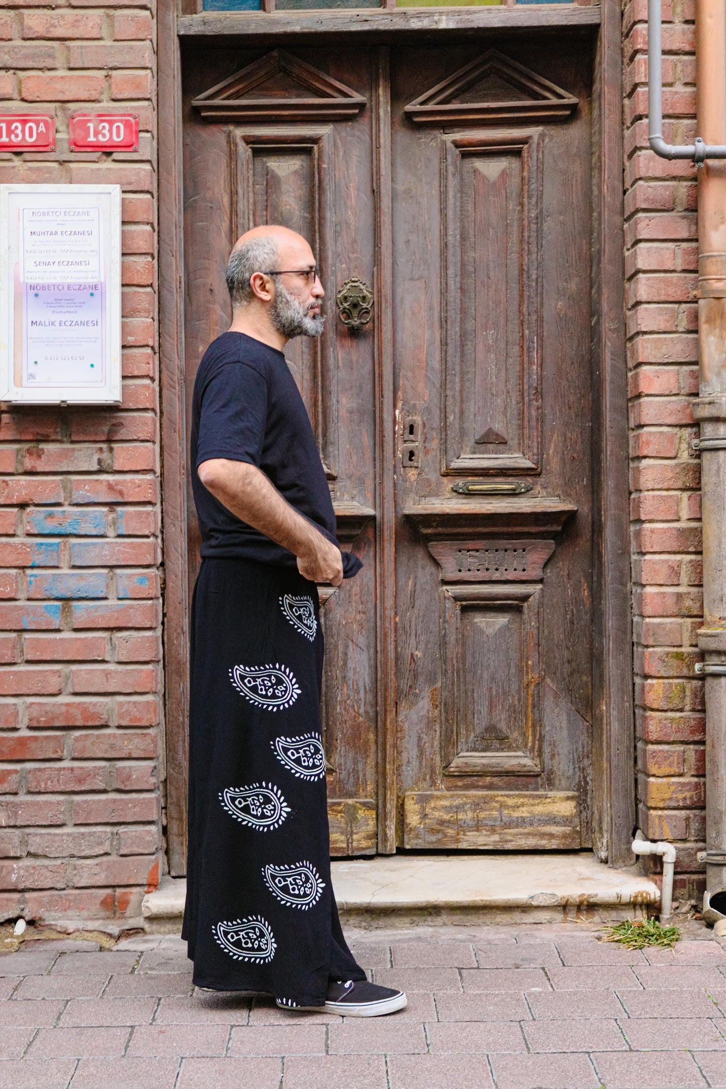 Boho Black Hand-Printed Wide-Leg Front-Flap Kimono Pants Unisex Gift for Him Her All Seasons