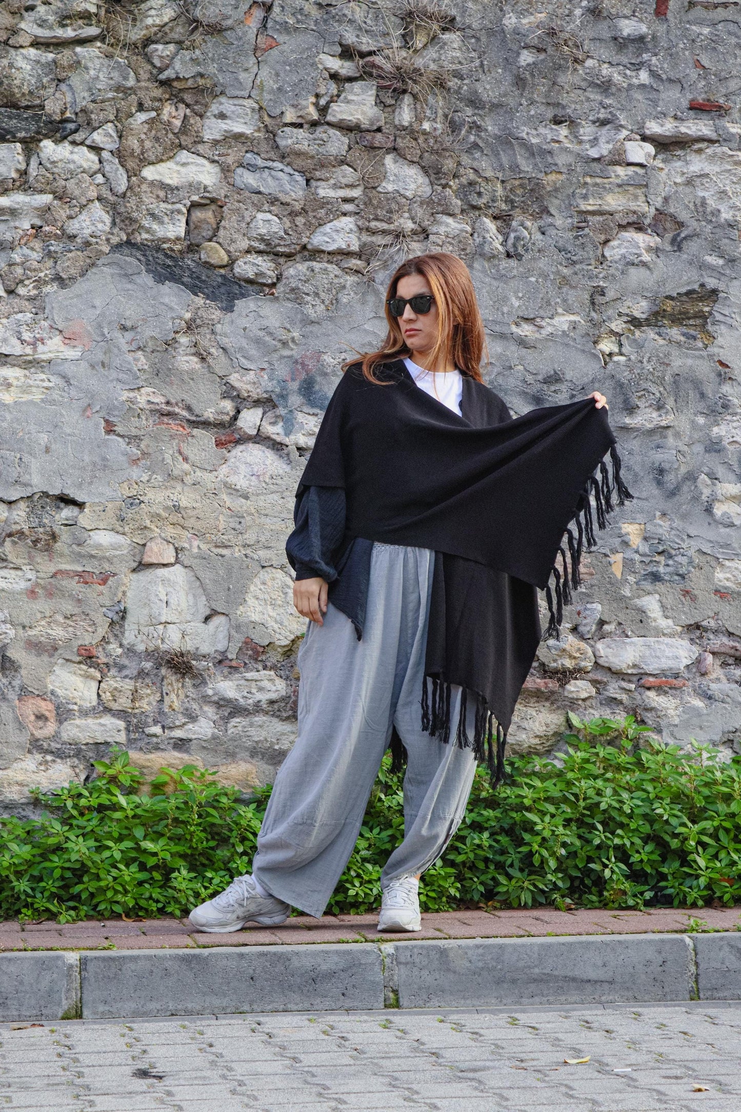 Black Wool Cotton Blend Shawl Kimono Poncho Boho Layered Fringe Minimal Unisex Outerwear