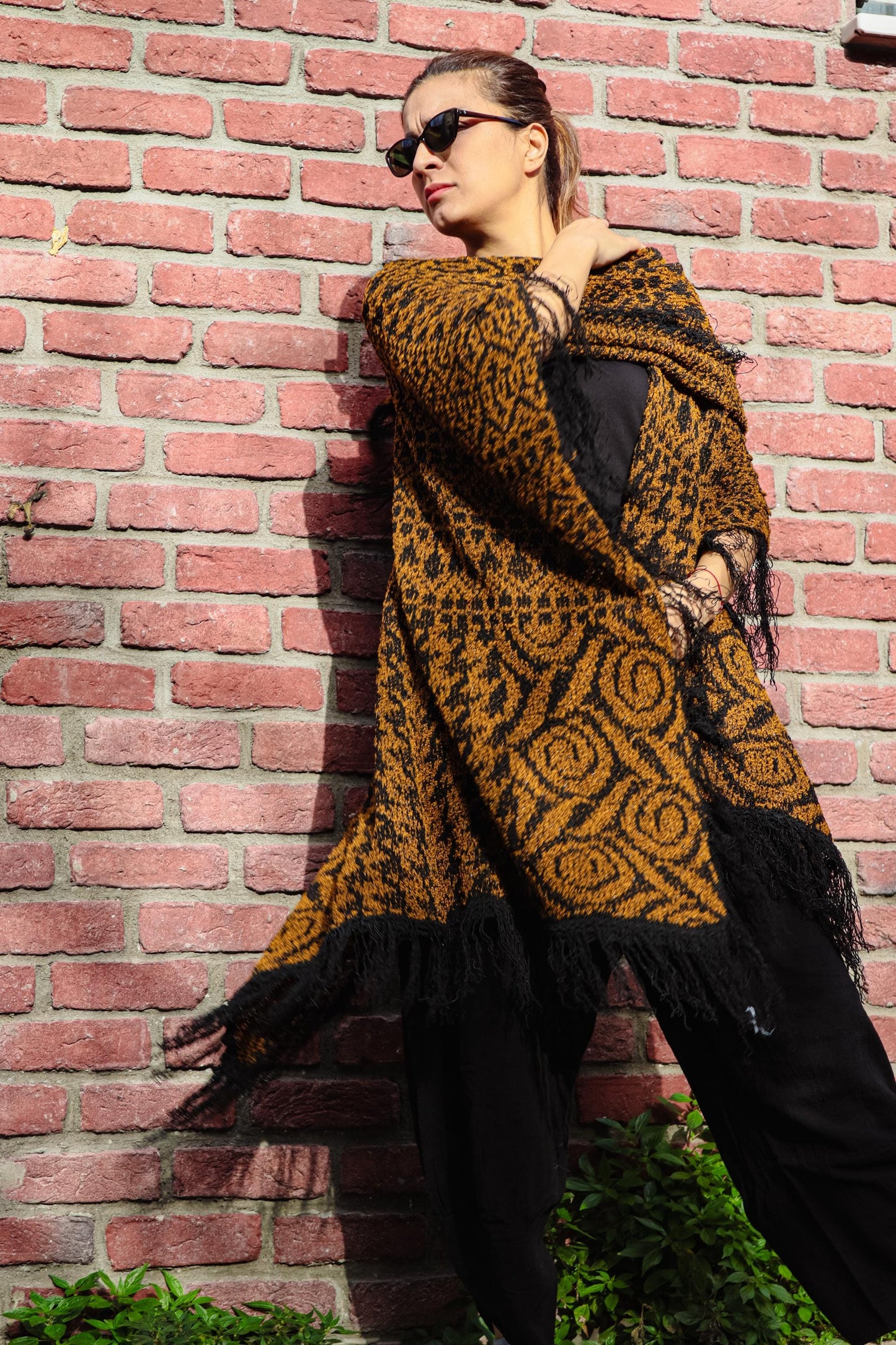 Unisex Boho Poncho with Fringe – Oversized Ethnic Knit Festival Cape, Tribal Pattern Hippie Shawl, All Season Bohemian Wrap