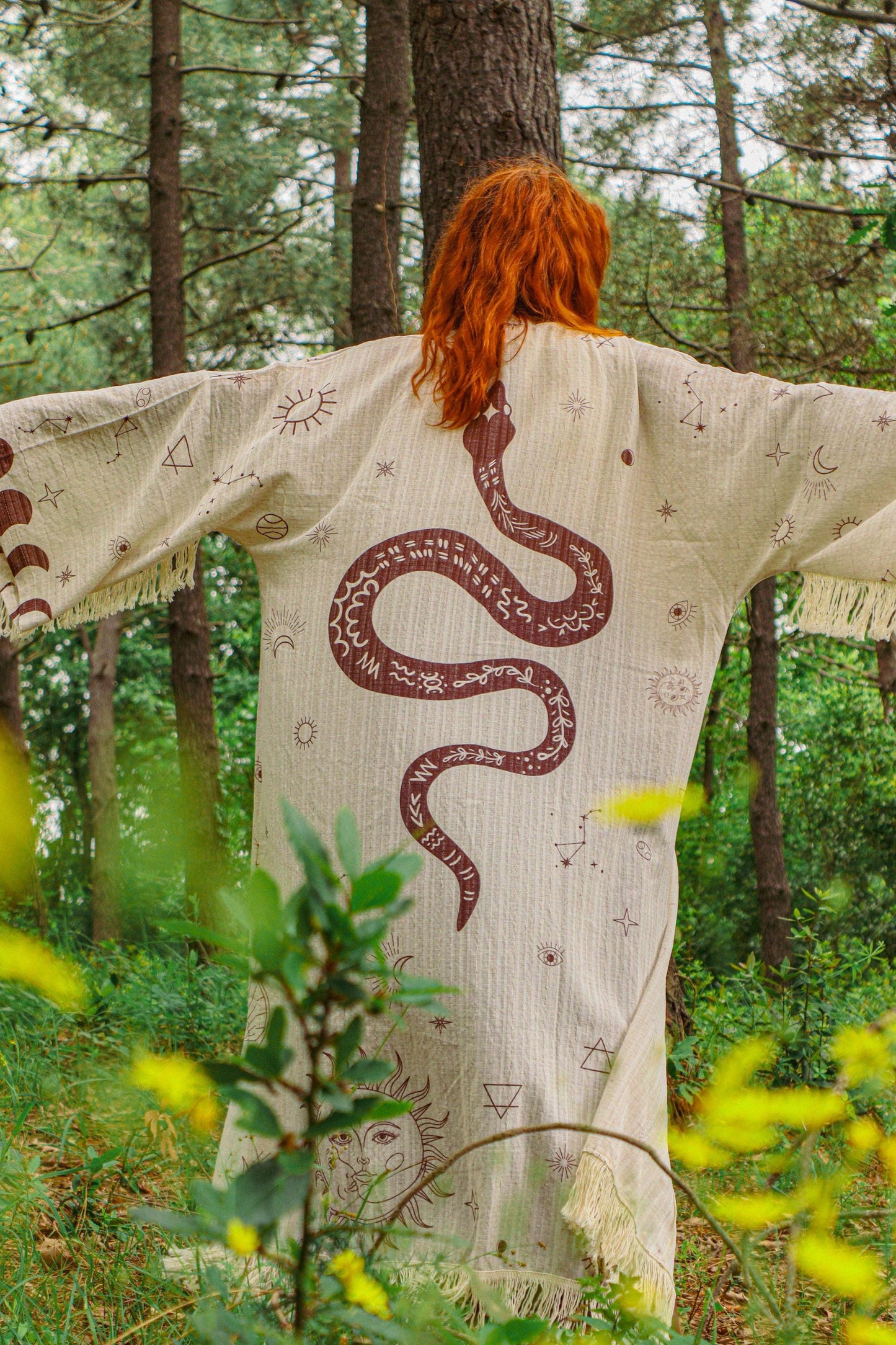 Boho Astrology Kimono with Snake Back Print – Oversized Celestial Bohemian Robe, Zodiac Symbol Cardigan, Festival Goddess Duster