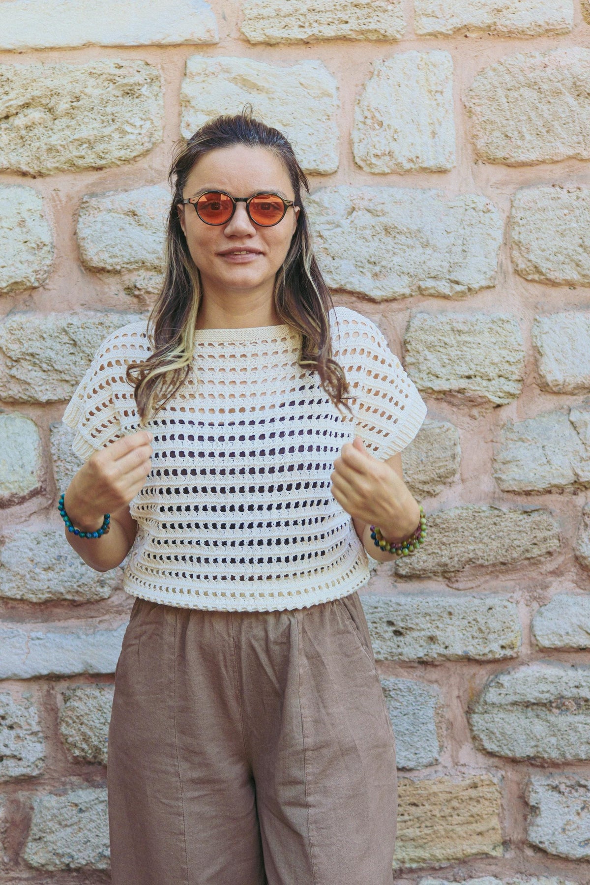 Krem Pamuklu File Tığ İşi Kısa Üst