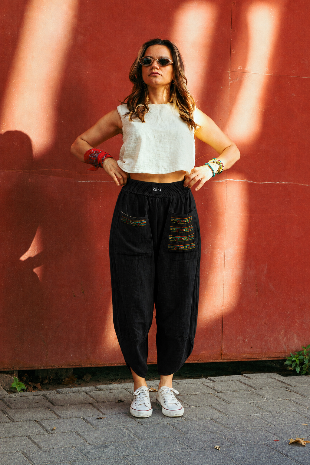 Siyah Etnik Desen V Paça Baggy Pantolon