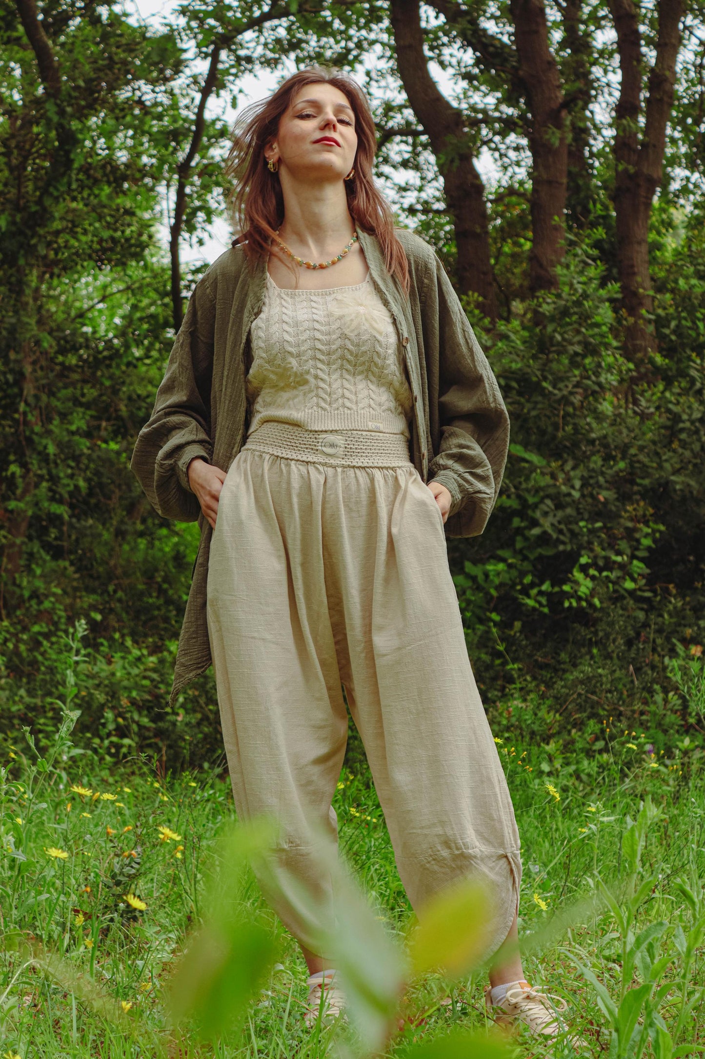 Harem Bohemian Cotton/Linen Pants -Boho V Hem Loose Fit Trousers, Natural Fabric Yoga Lounge Pants, Eco-Friendly Minimalist Unisex Clothing