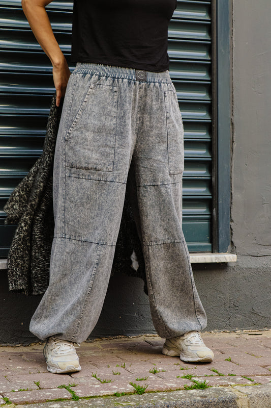 Gri Pamuk Gabardin Baggy Pantolon