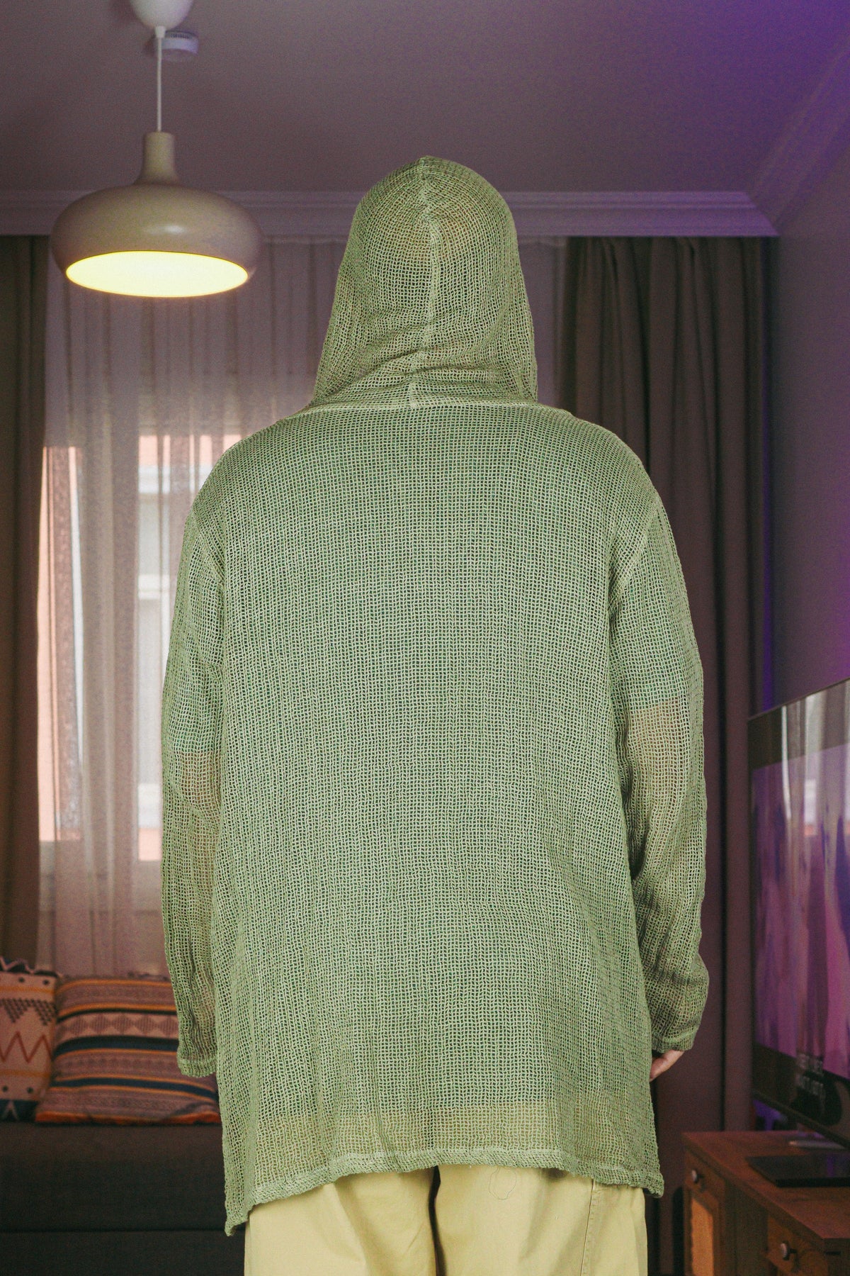 Haki Yeşil File Kapüşonlu Oversize Hırka