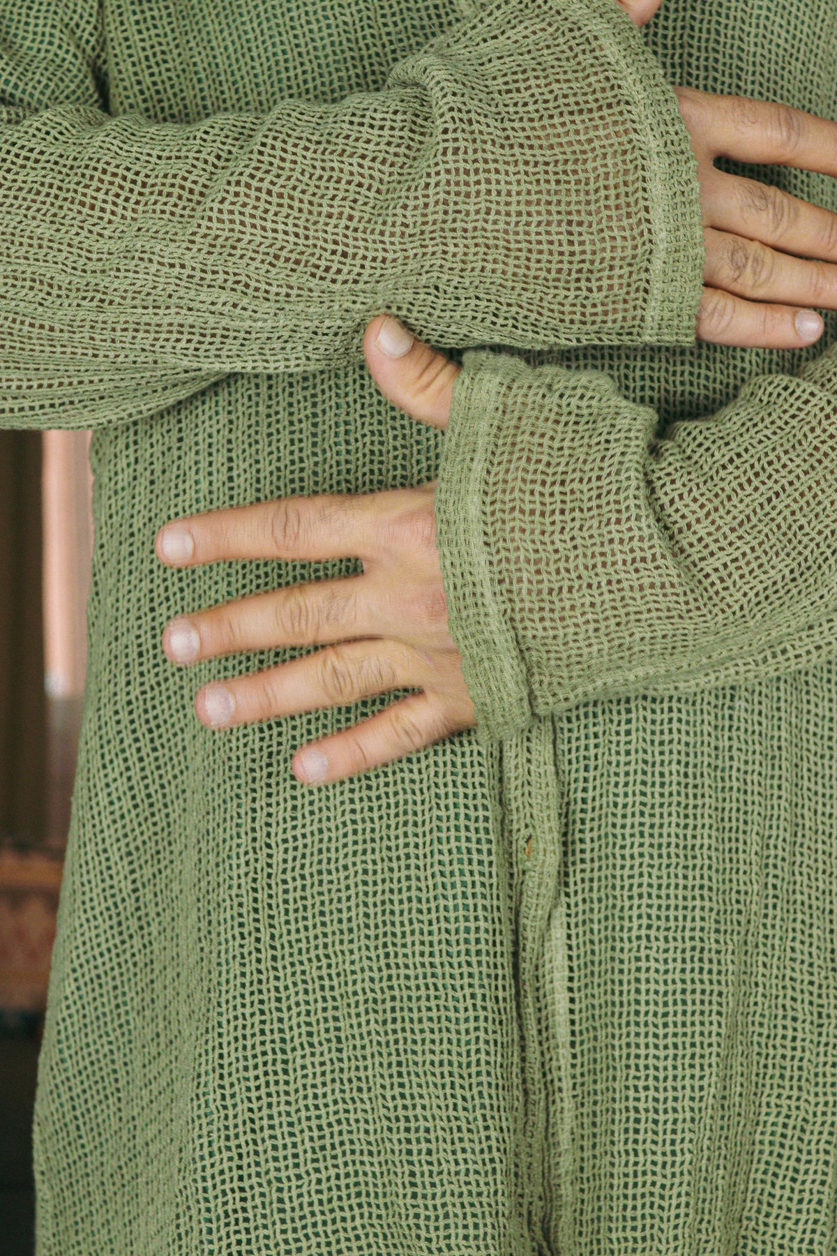 Haki Yeşil File Kapüşonlu Oversize Hırka