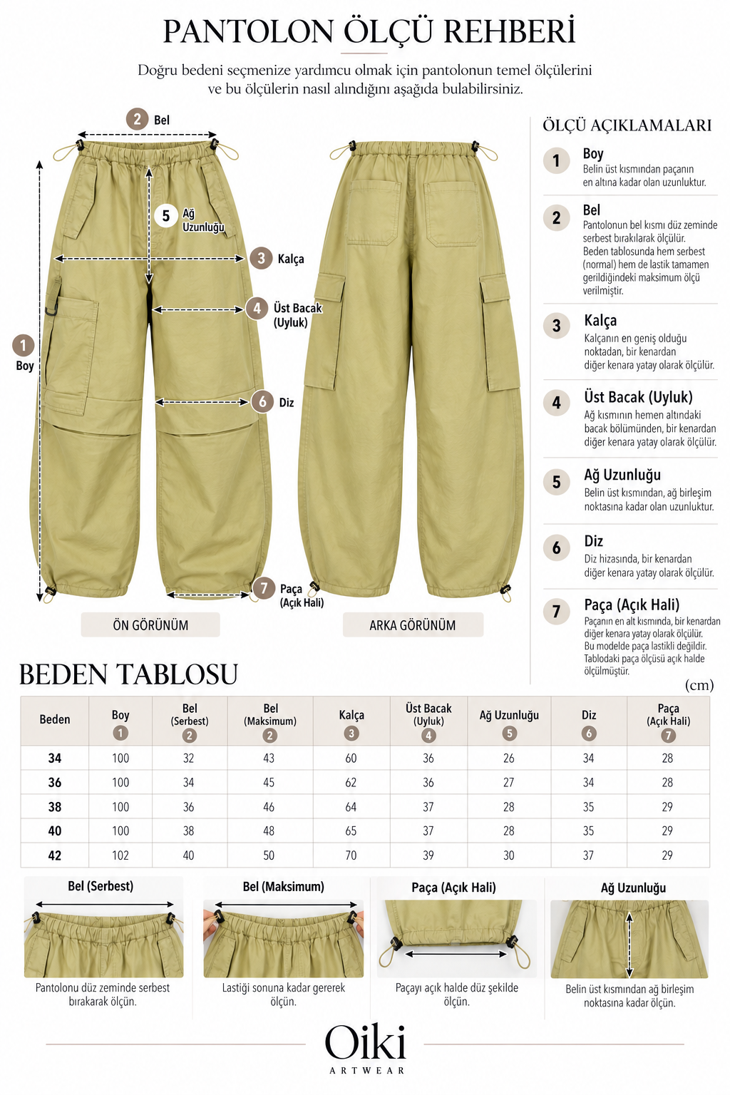 Bej Baggy Kargo Pantolon ölçü rehberi ve beden tablosu