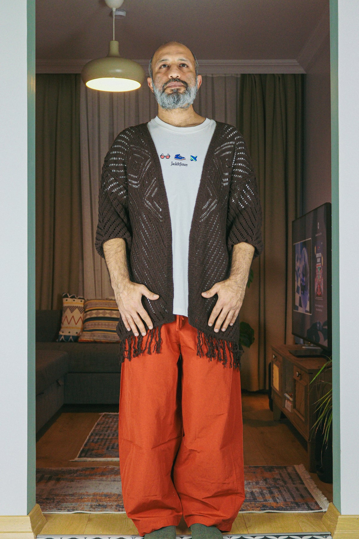 Kahverengi Örgü Püsküllü Oversize Hırka