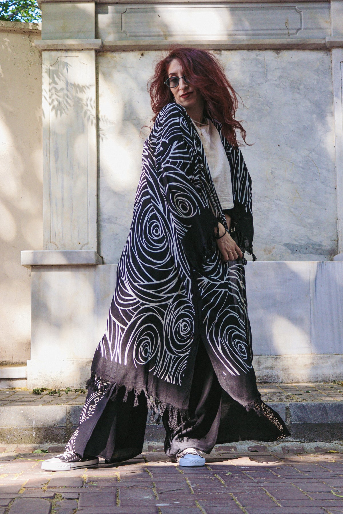 Siyah Pamuk Halka Desen Kimono