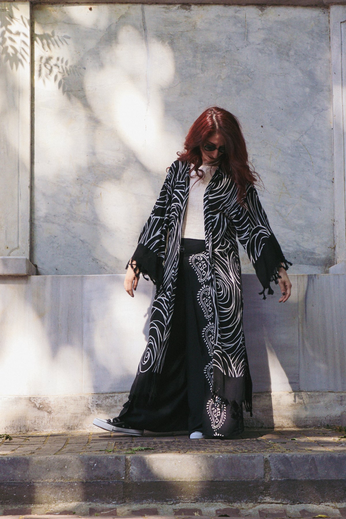 Siyah Pamuk Halka Desen Kimono