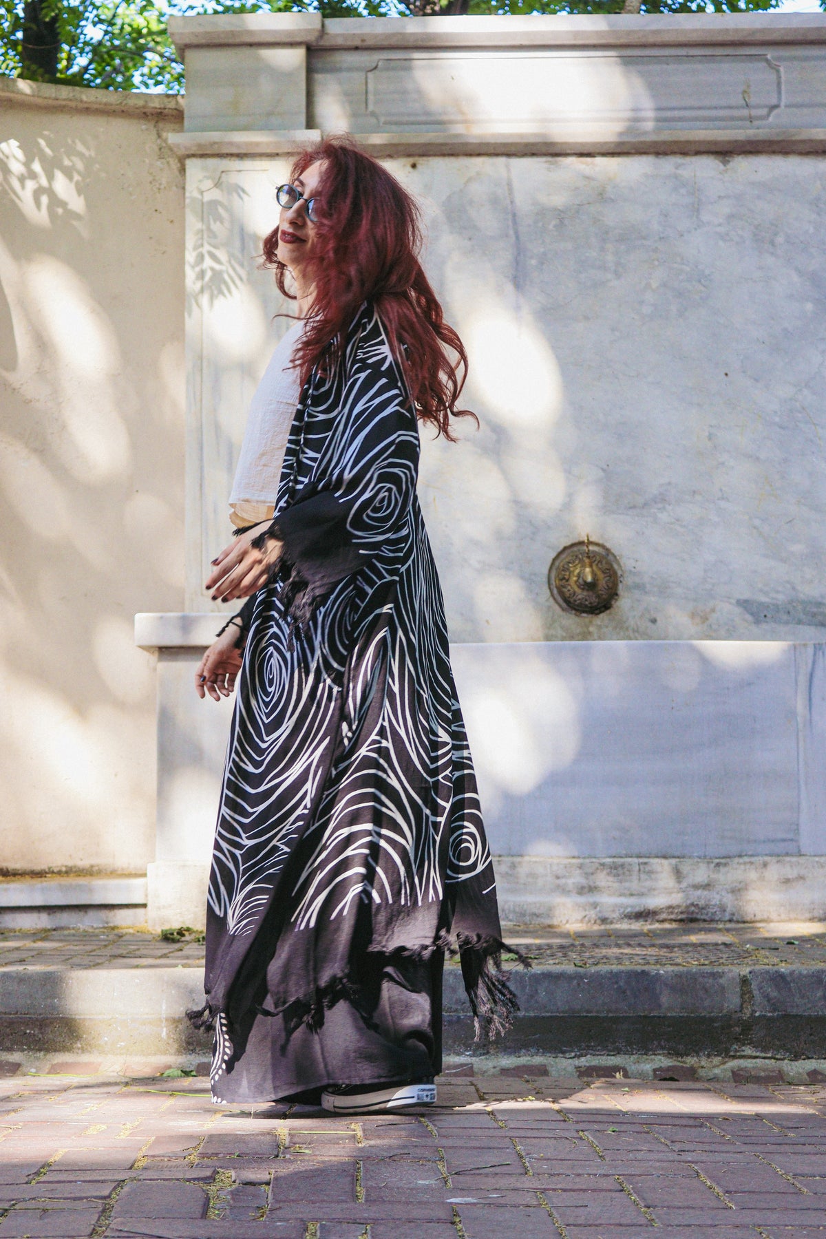 Siyah Pamuk Halka Desen Kimono