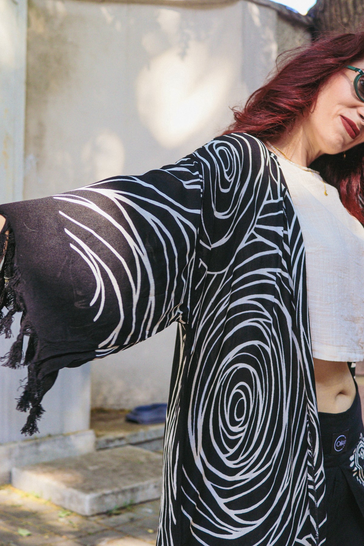 Siyah Pamuk Halka Desen Kimono
