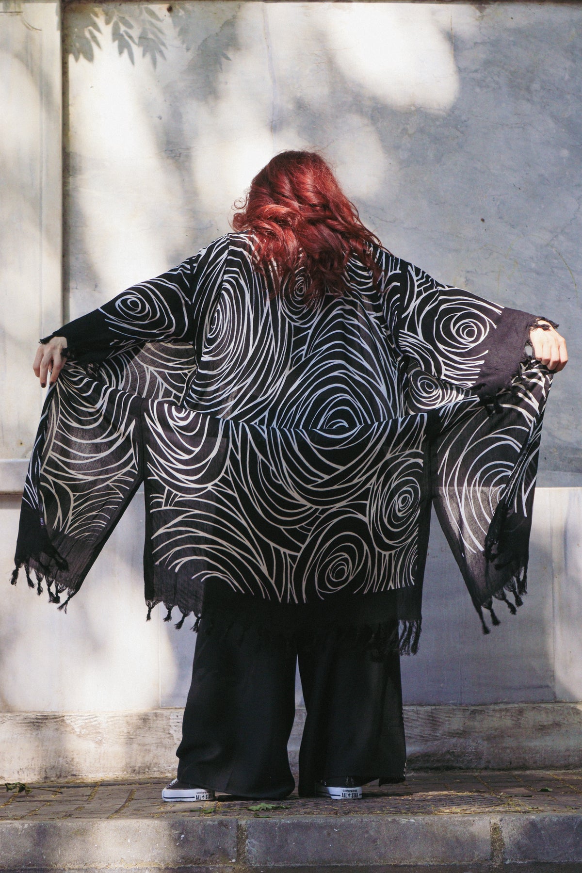 Siyah Pamuk Halka Desen Kimono