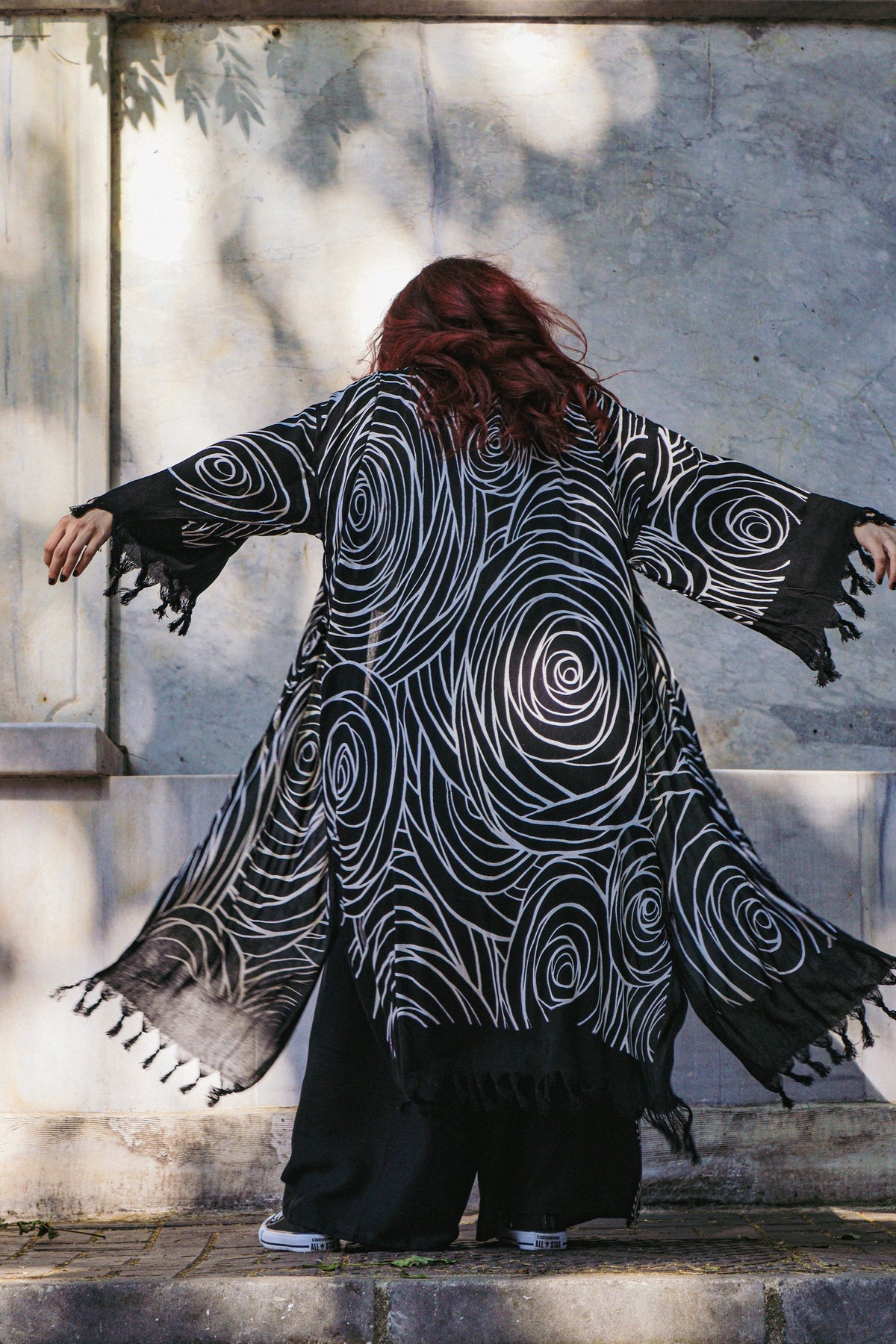 Siyah Pamuk Halka Desen Kimono