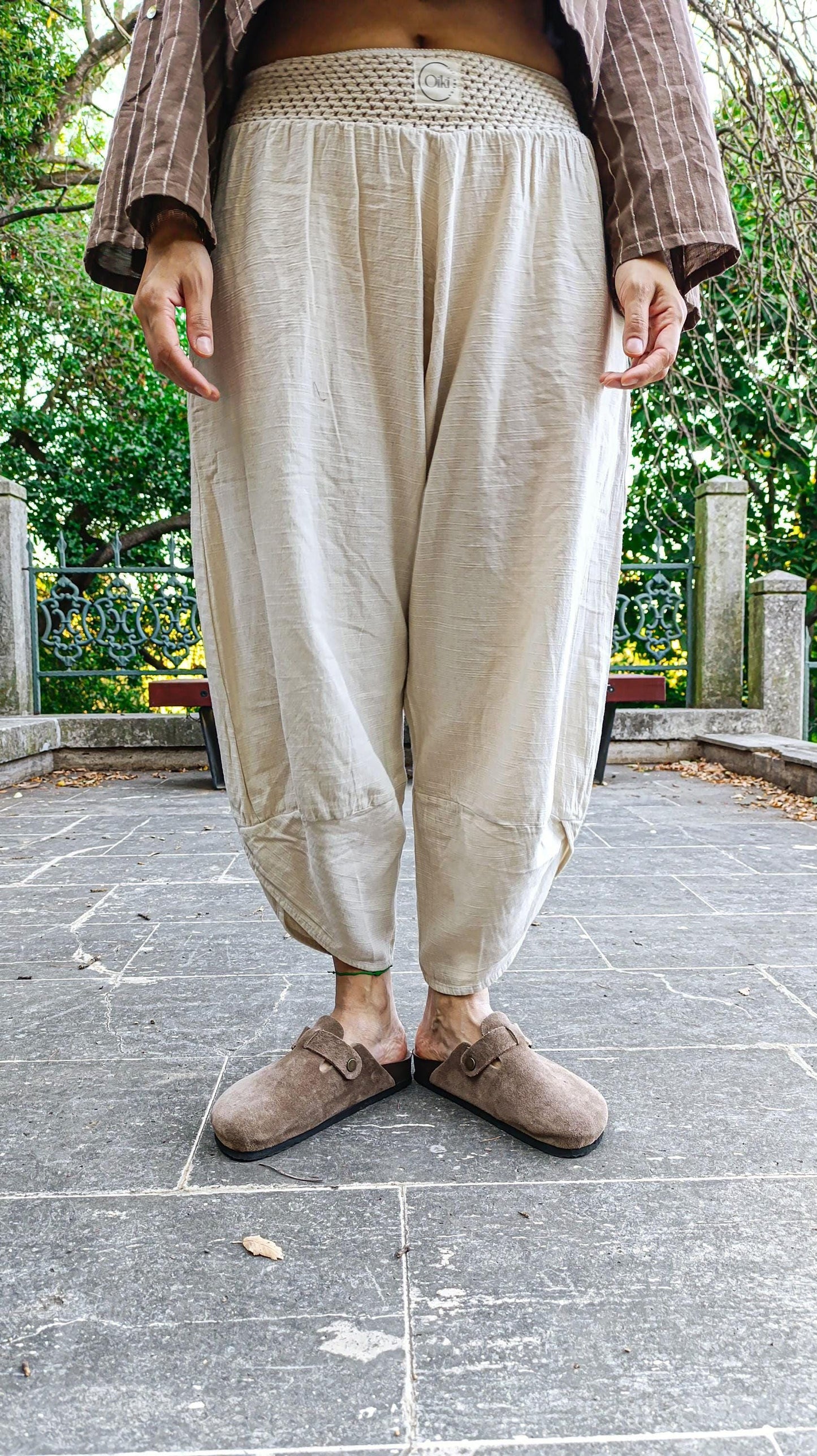 Harem Bohemian Cotton/Linen Pants -Boho V Hem Loose Fit Trousers, Natural Fabric Yoga Lounge Pants, Eco-Friendly Minimalist Unisex Clothing