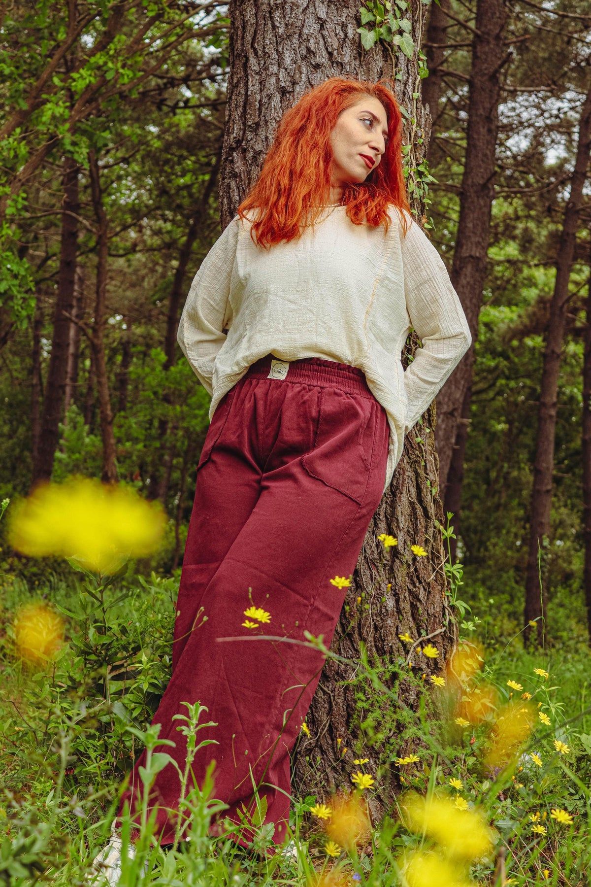 Bordo Keten Geniş Paça Pantolon
