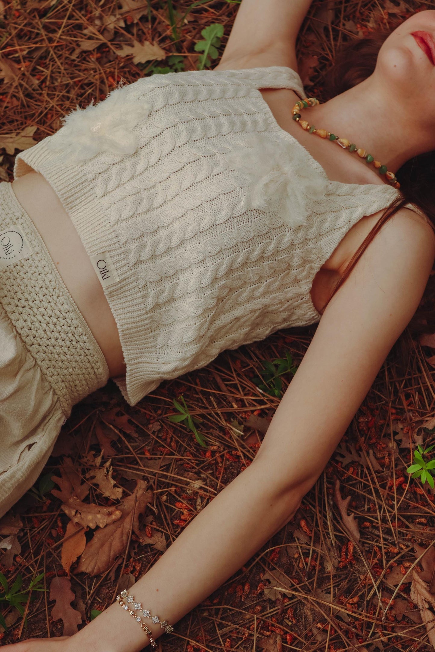 Boho Knit Cream Crop Top with Tulle Flower - Handcrafted Sleeveless Retro Top-Bohemian Festival Clothing Lightweight women Knit Tank