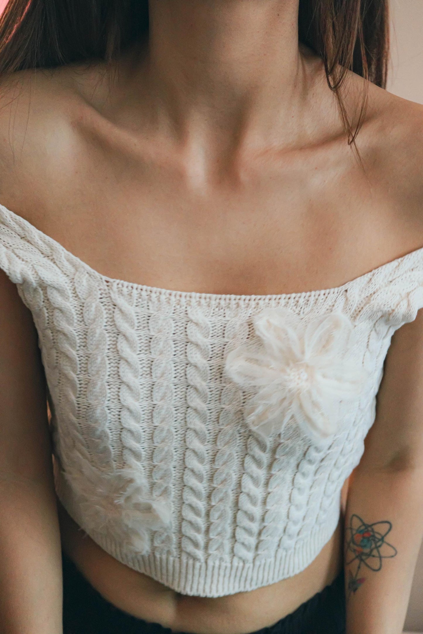 Boho Knit Cream Crop Top with Tulle Flower - Handcrafted Sleeveless Retro Top-Bohemian Festival Clothing Lightweight women Knit Tank