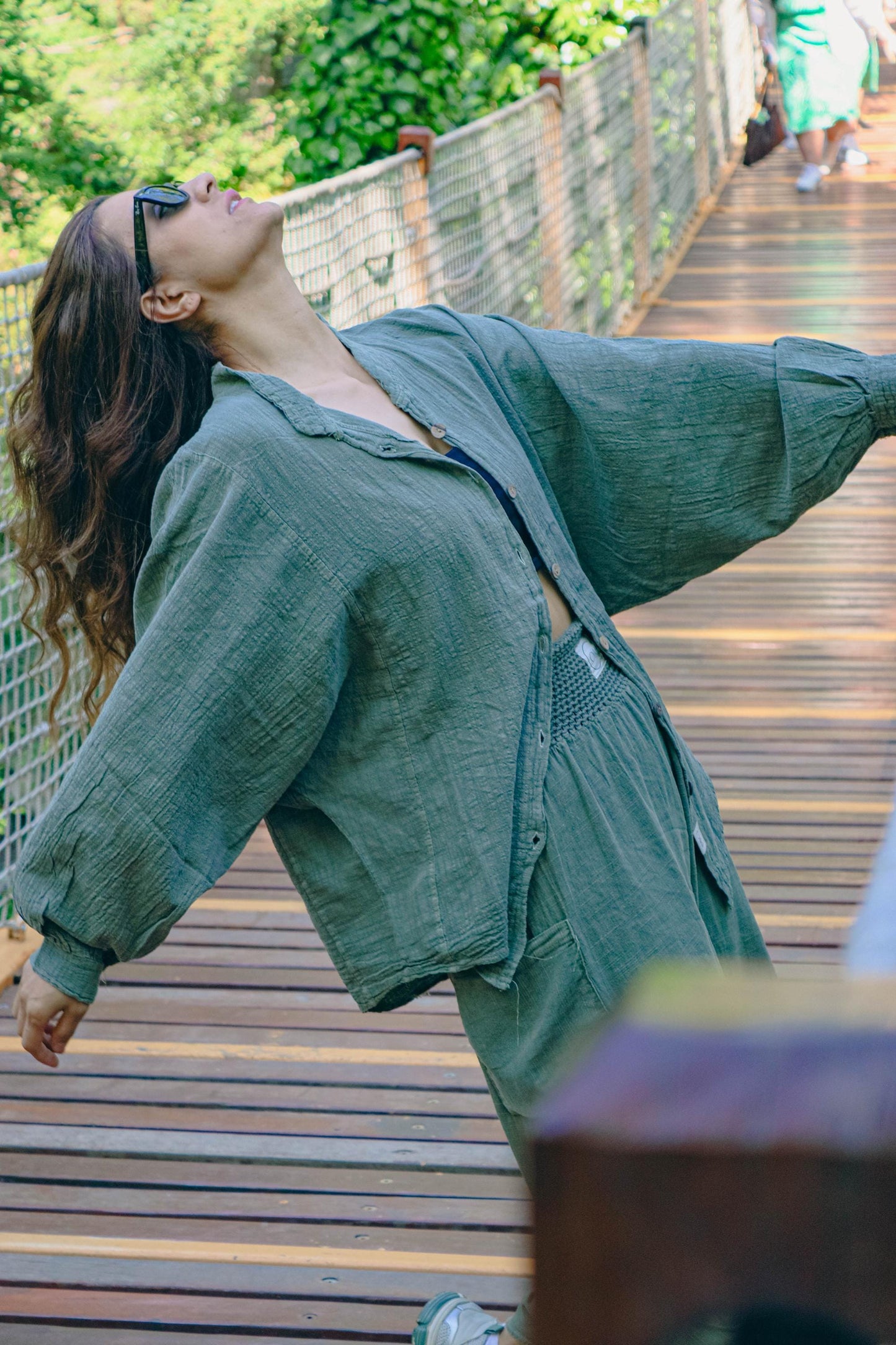 Boho Cotton Green shirt - Oversized Loose Fit Blouse Linen Lightweight Fabric Breathable wide Underarm Top - Unisex Bohemian Shirt - Soft