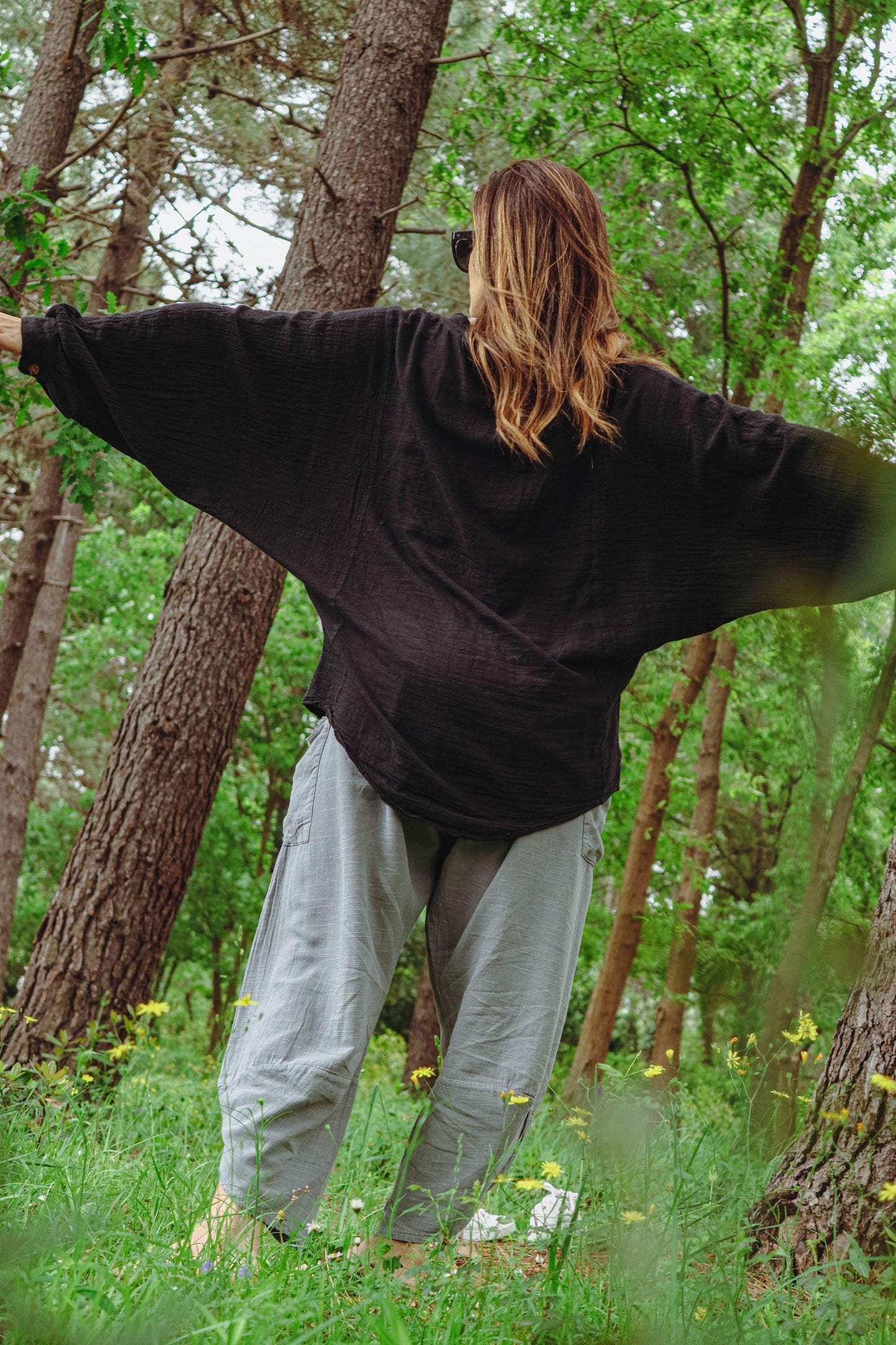 Unisex Boho Black Linen Shirt - Oversized Cotton Blend Loose Fit Top - Lightweight Festival Button Down - Bohemian Outfit