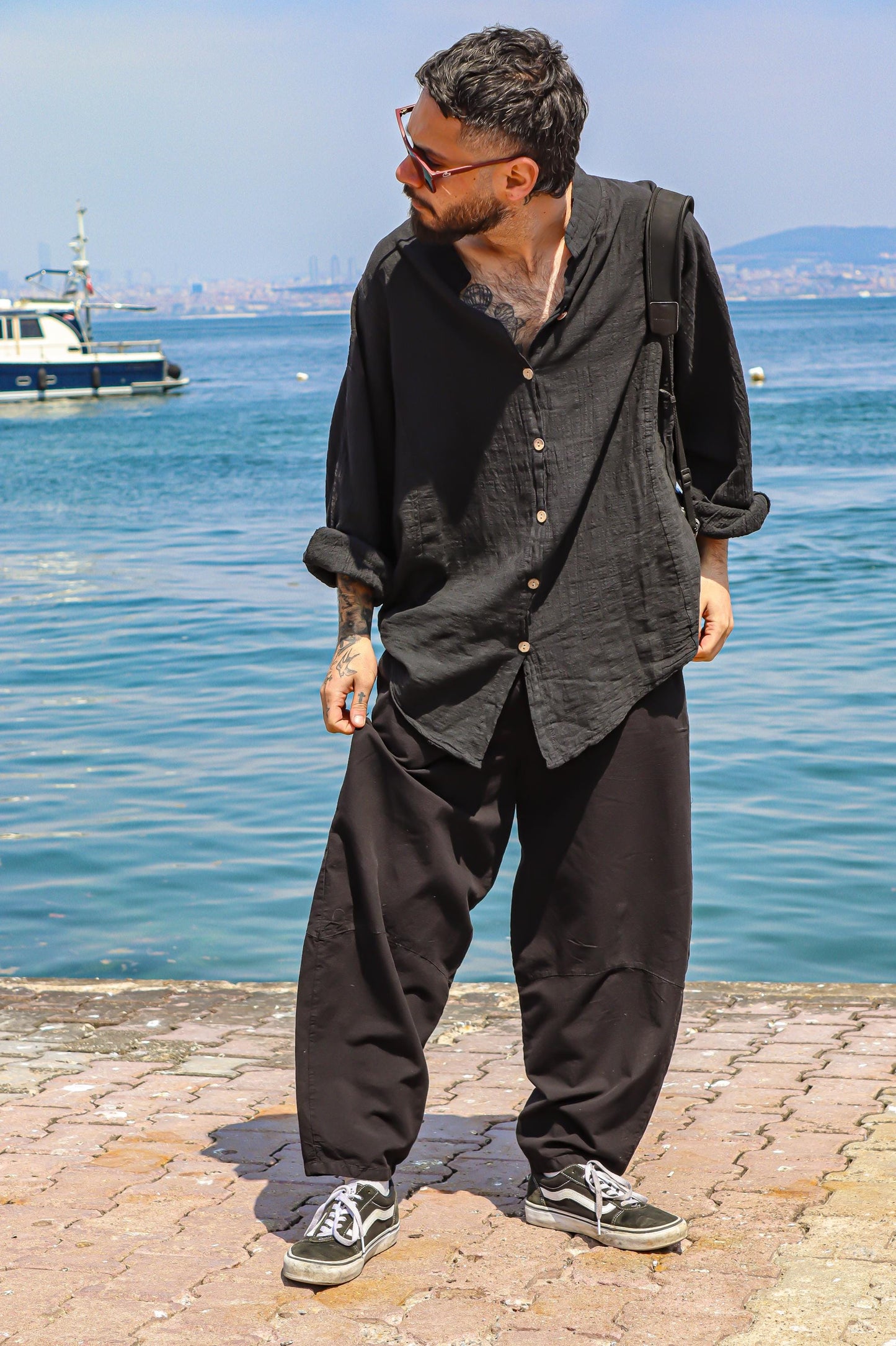 Unisex Boho Black Linen Shirt - Oversized Cotton Blend Loose Fit Top - Lightweight Festival Button Down - Bohemian Outfit