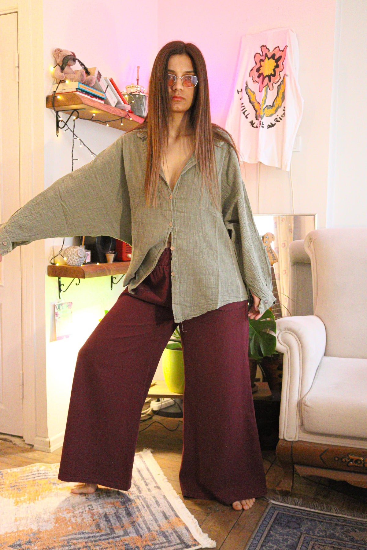 Bordo Keten Geniş Paça Pantolon