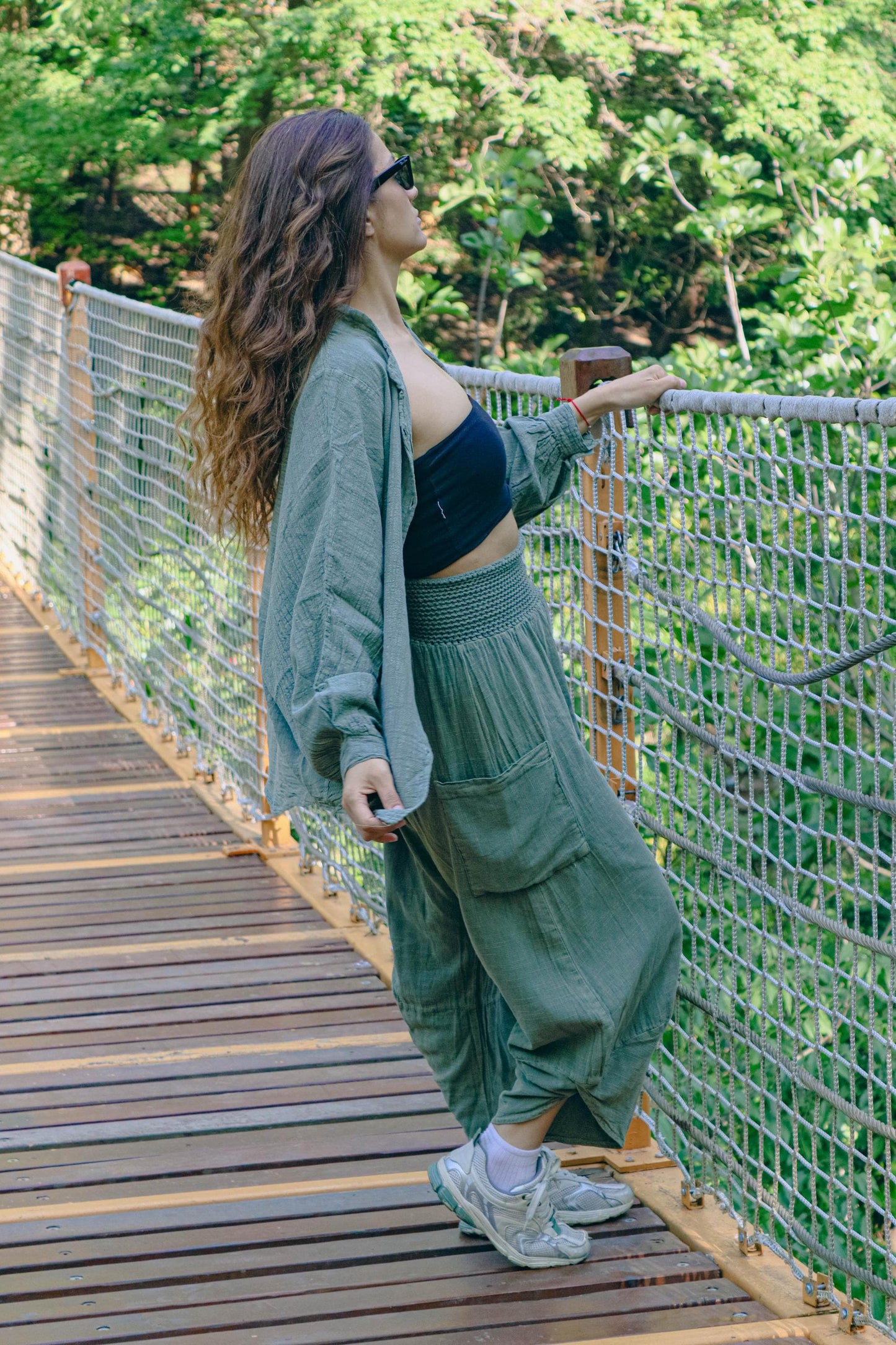 Boho Baggy Green Pants & Free Size Loose Fit Shirt Set | Handmade Oversized Festival Lounge Travel Cotton Unisex Outfit