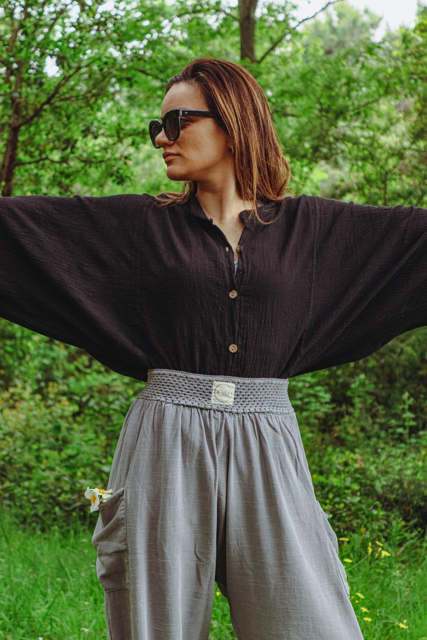 Unisex Boho Black Linen Shirt - Oversized Cotton Blend Loose Fit Top - Lightweight Festival Button Down - Bohemian Outfit