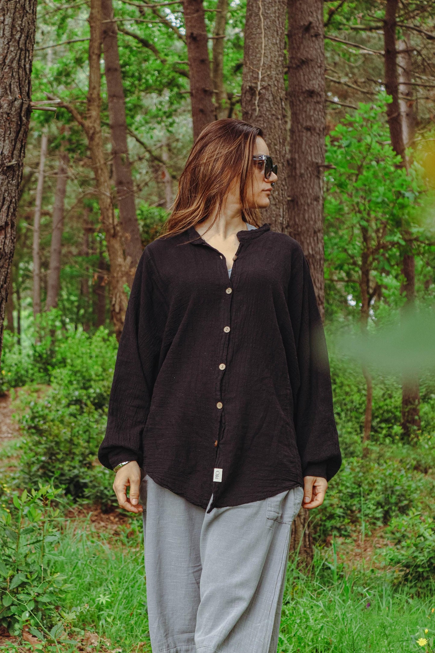 Unisex Boho Black Linen Shirt - Oversized Cotton Blend Loose Fit Top - Lightweight Festival Button Down - Breathable Bohemian Women Clothing