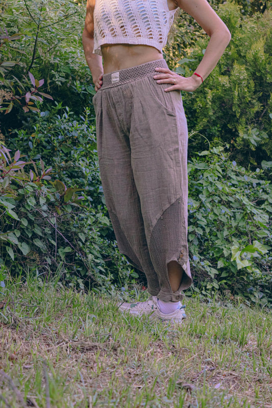 Boho Cotton Linen Wide Leg Pants with Slit Hem Unisex Loose Fit Brown Trousers |  four seasons Festival Yoga Comfy Bohemian Clothing