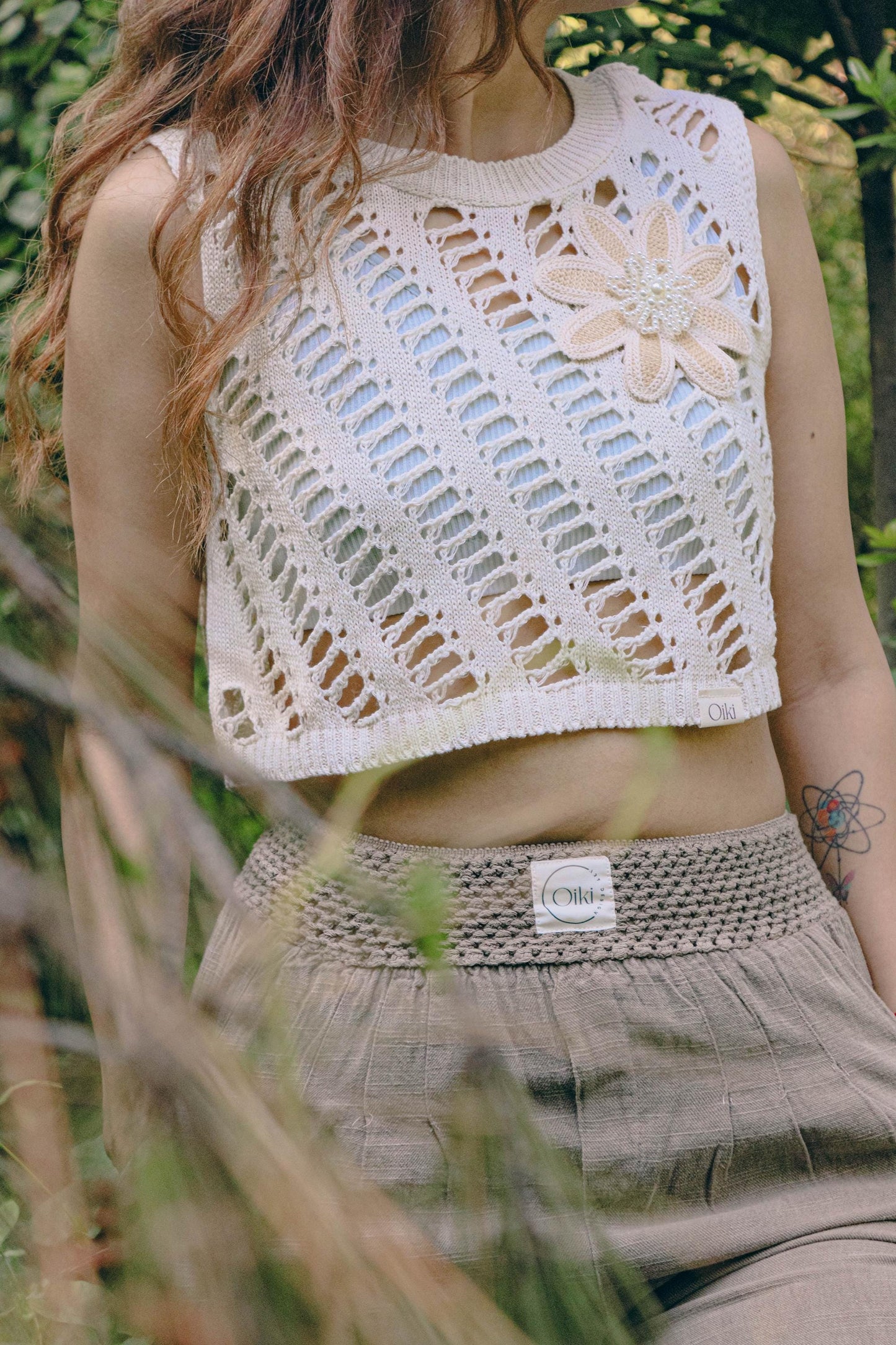 Cream Mesh Crochet Crop Top with Pearl Flower – Handmade Boho Knit Top – One Size – Sheer Festival Shirt – Soft Open Weave Summer Wear