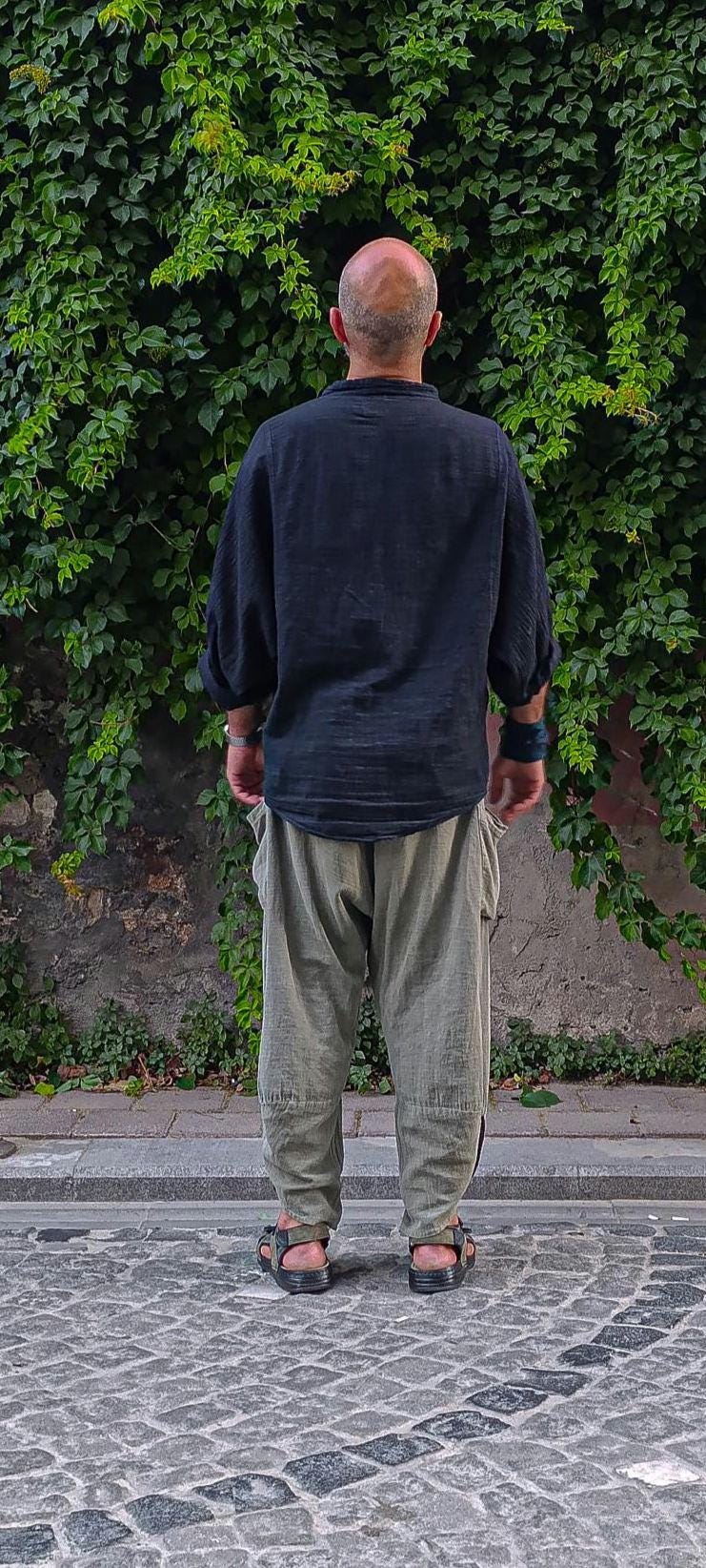 Unisex El Yapımı Pamuklu Keten V Kesim Geniş Paça Pantolon