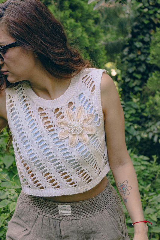 Cream Mesh Crochet Crop Top with Pearl Flower – Handmade Boho Knit Top – One Size – Sheer Festival Shirt – Soft Open Weave Summer Wear