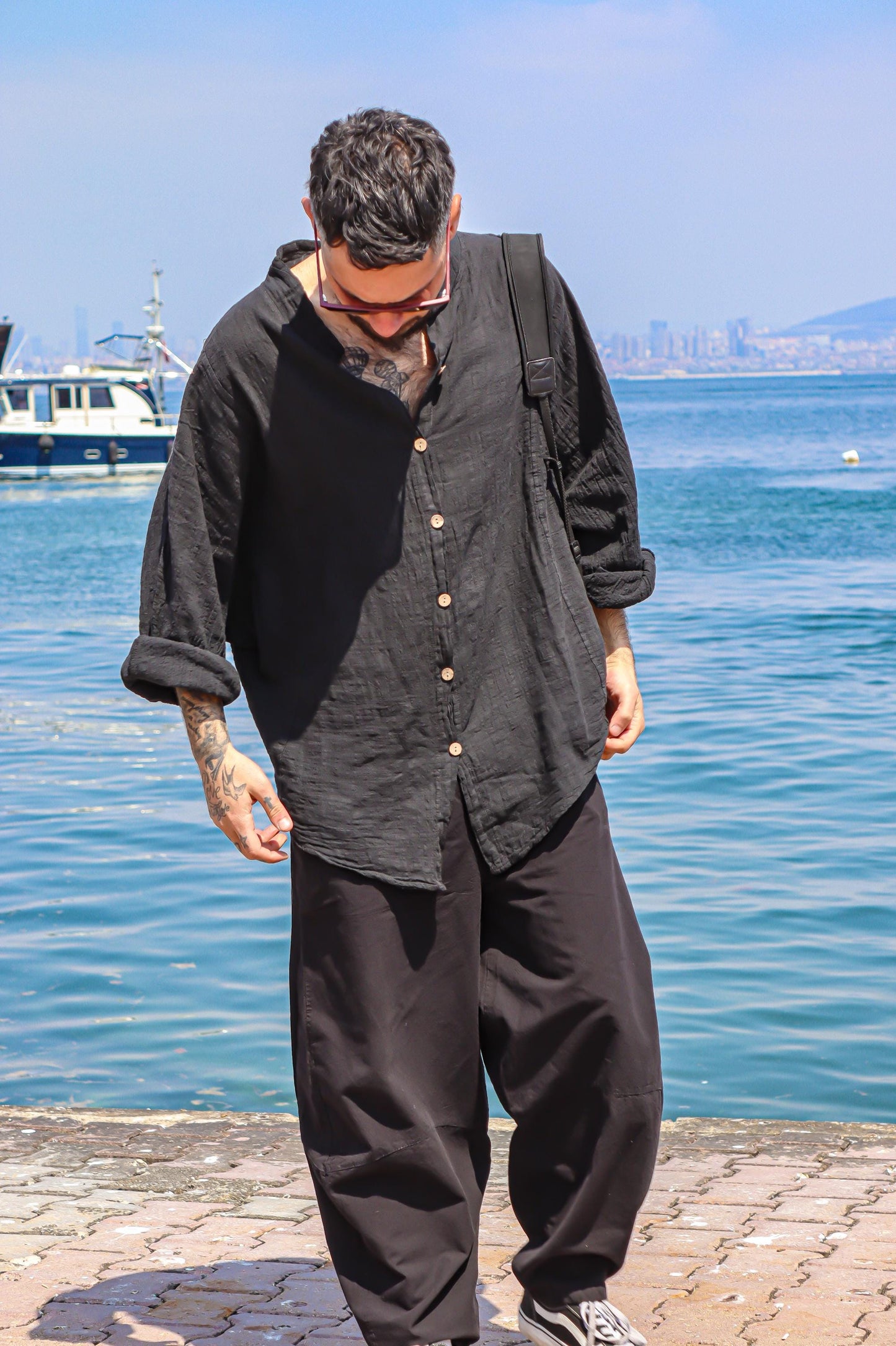 Unisex Boho Black Linen Shirt - Oversized Cotton Blend Loose Fit Top - Lightweight Festival Button Down - Bohemian Outfit