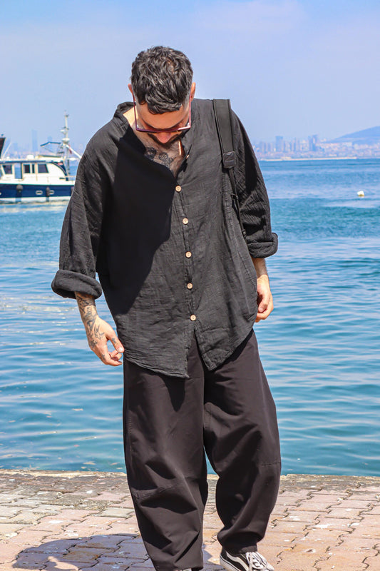 Unisex Boho Black Linen Shirt - Oversized Cotton Blend Loose Fit Top - Lightweight Festival Button Down - Bohemian Outfit