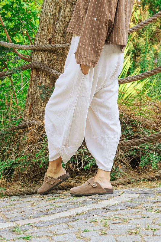 Cream Cotton Harem Pants: Boho V-Hem, Unisex Lounge Trousers