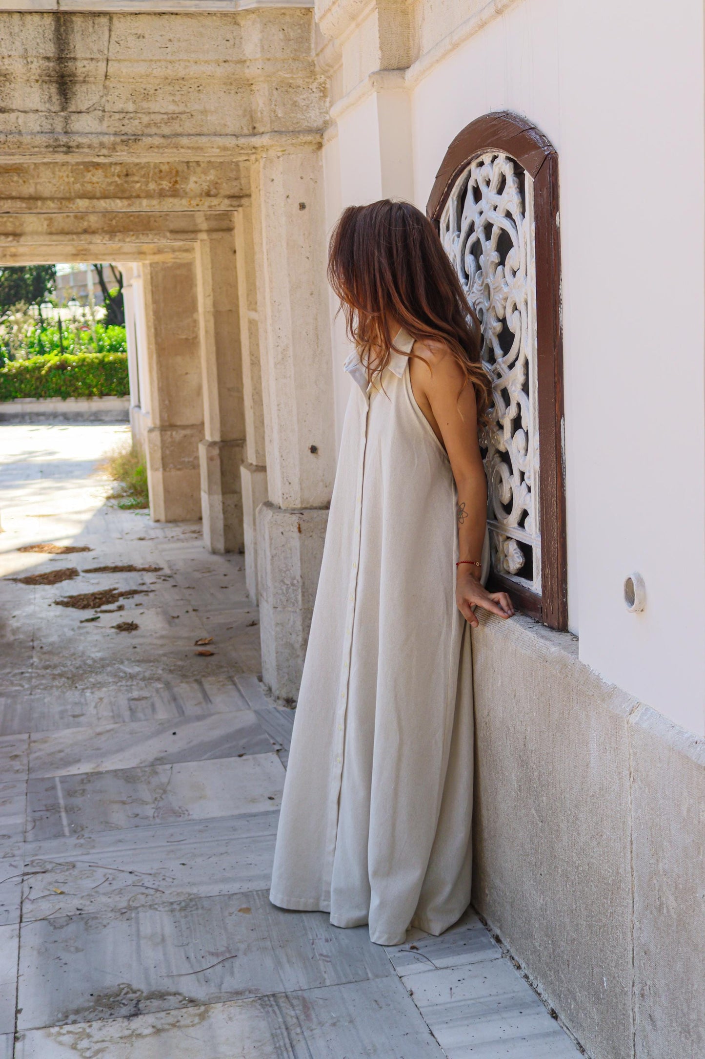 Bohemian Backless Maxi Dress Cream – Cotton Linen Long Summer Dress – Open Back Boho Wedding Guest Outfit – Festival Beach Dress