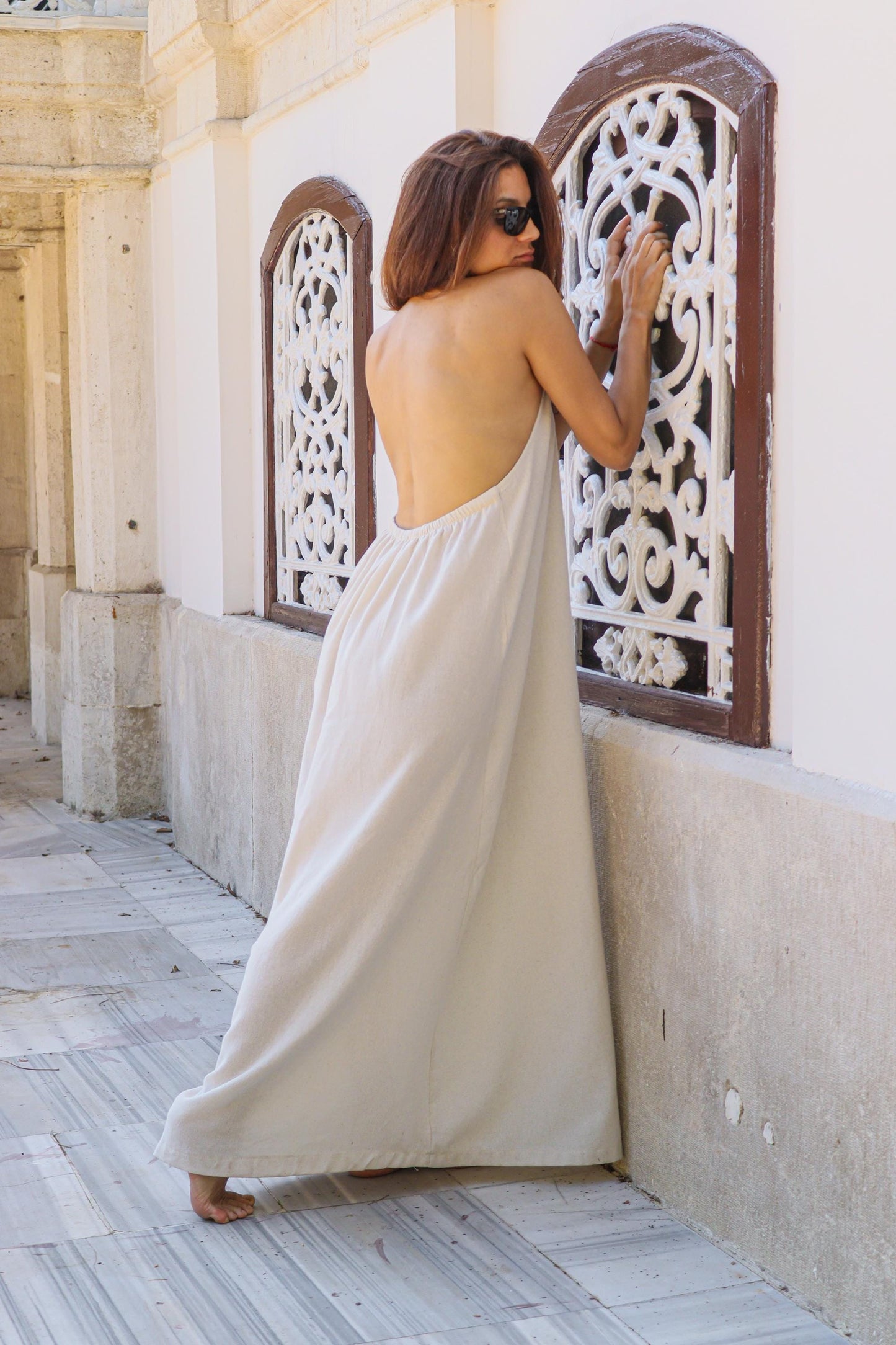 Bohemian Backless Maxi Dress Cream – Cotton Linen Long Summer Dress – Open Back Boho Wedding Guest Outfit – Festival Beach Dress