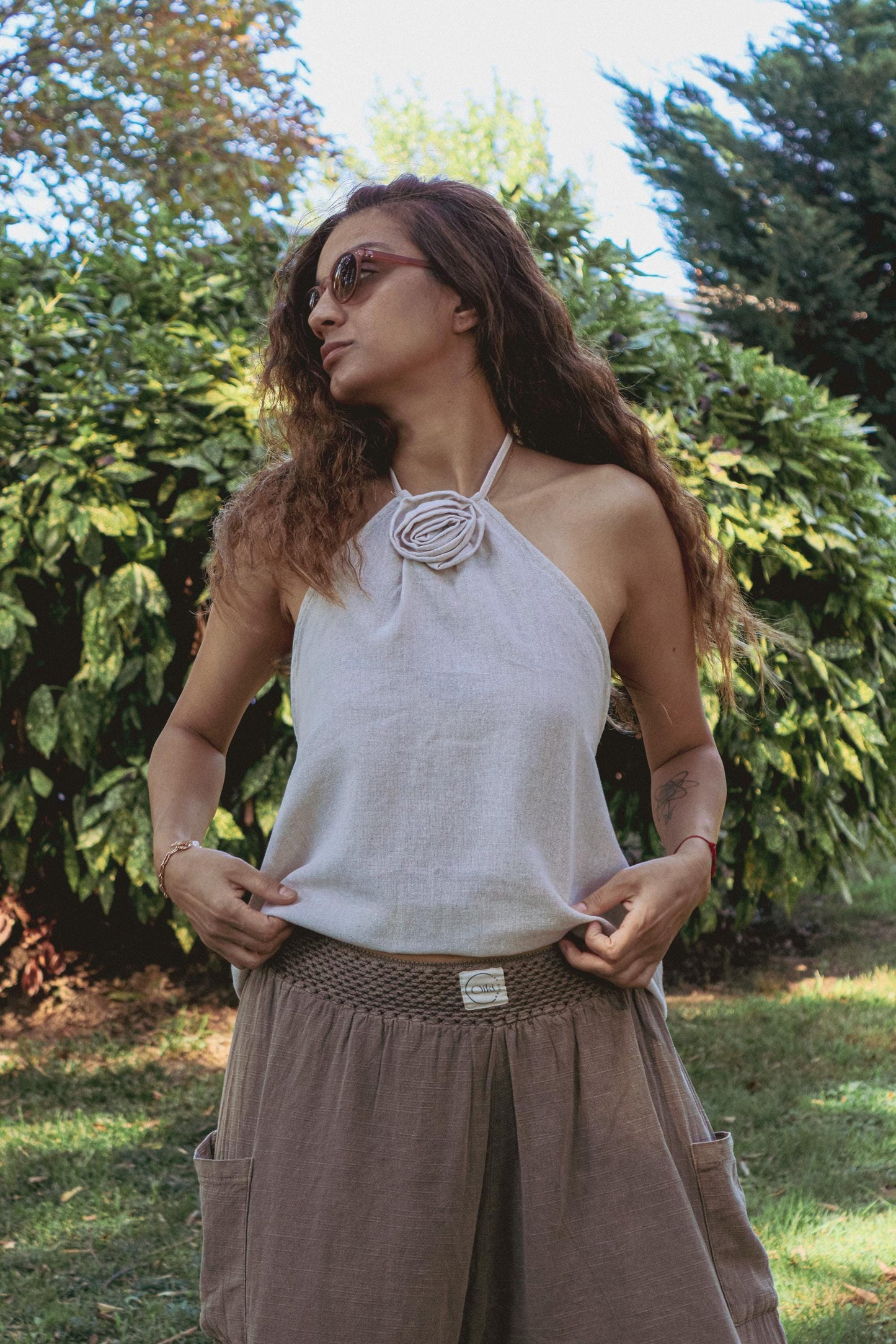 Boho Halter Top Cream Cotton Linen – Floral Neck Tie Blouse – Summer Festival Outfit – Bohemian Vacation Wear – Beach Resort Top