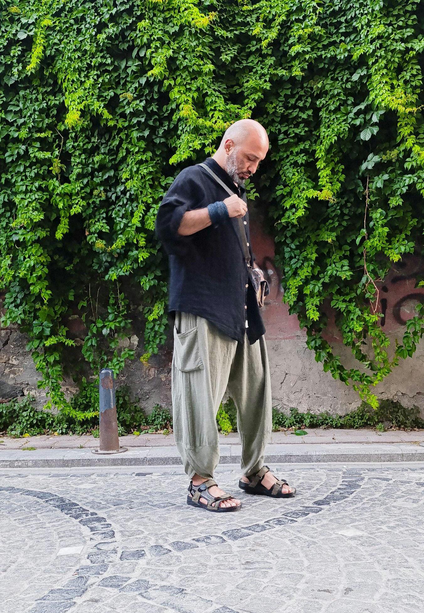 Unisex Boho Wide Leg Pants | Handmade Men's Baggy Trousers 100% Cotton/linen | V-Cut Hippie Fit | Breathable Festival Clothing | Oiki