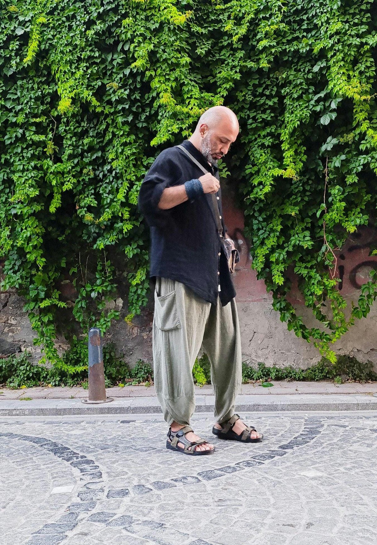 Unisex El Yapımı Pamuklu Keten V Kesim Geniş Paça Pantolon
