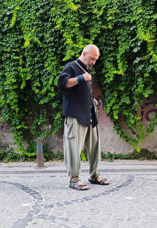 Unisex El Yapımı Pamuklu Keten V Kesim Geniş Paça Pantolon