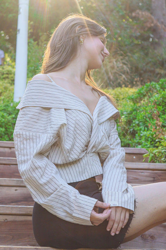 Boho Striped Off Shoulder Blouse – Cotton Polyester Crop Shirt with Straps & Button Back, S M L Sizes, Festival Top, Bohemian Style