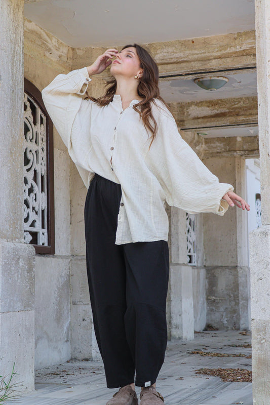 Boho Cotton Cream Shirt - Oversized Loose Fit Blouse - Breathable Wide Underarm Top - Unisex Bohemian Shirt- Soft Linen Lightweight Fabric