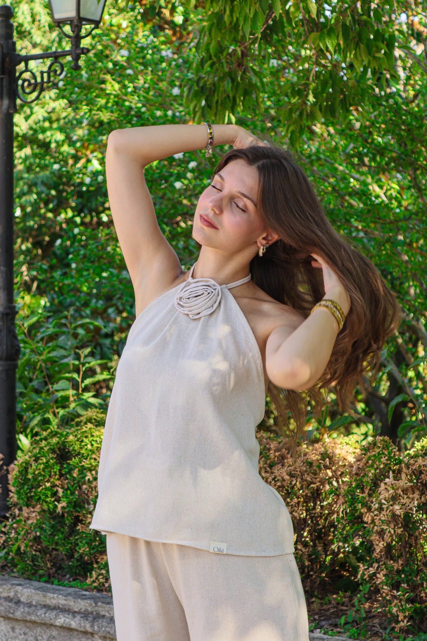 Boho Halter Top Cream Cotton Linen – Floral Neck Tie Blouse – Summer Festival Outfit – Bohemian Vacation Wear – Beach Resort Top