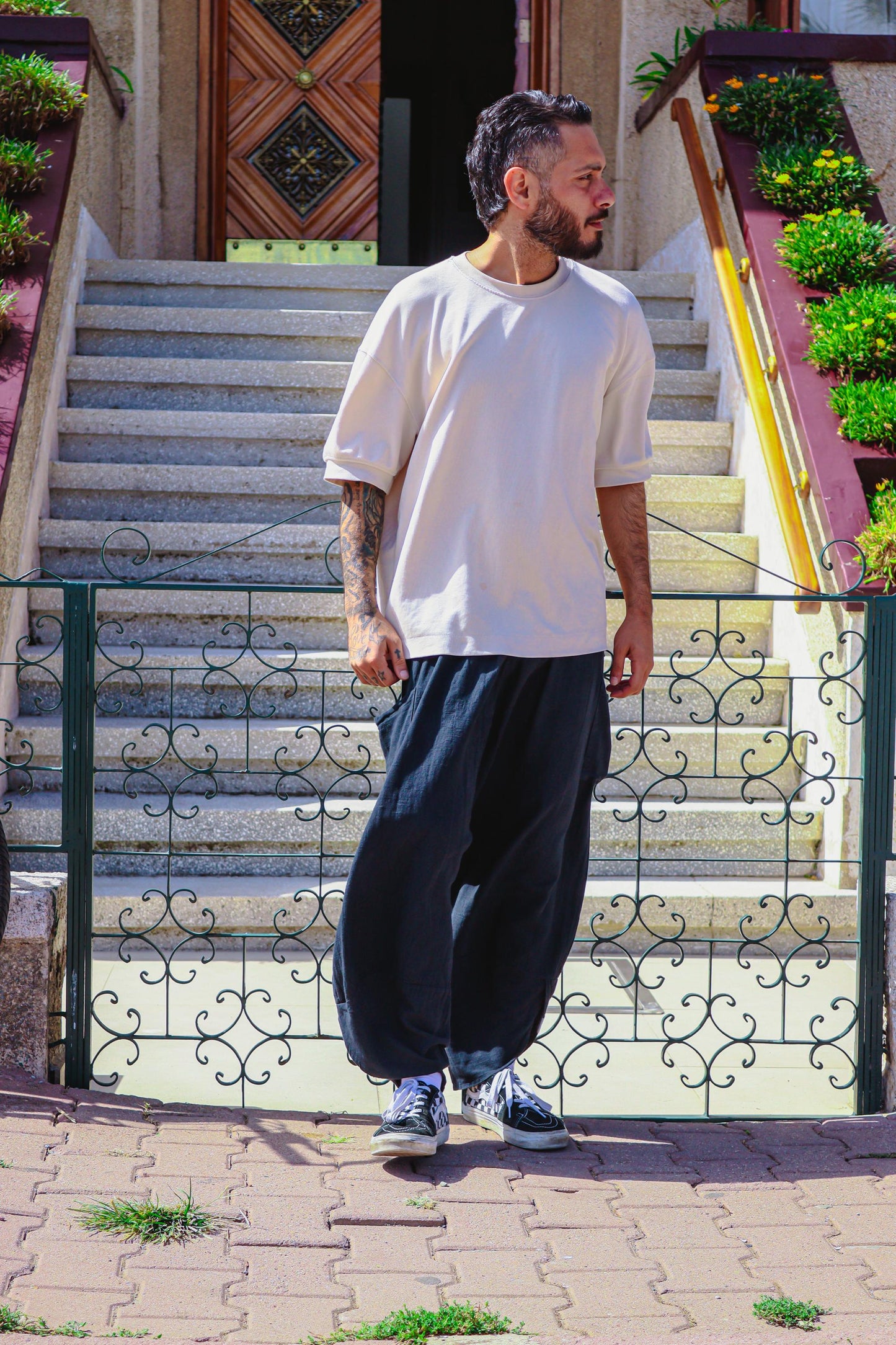 Unisex Boho Wide Leg Pants | Handmade Harem Trousers 100% Cotton Linen | Baggy Yoga Festival Pants | V-Cut Hippie Fit | Gift for Him